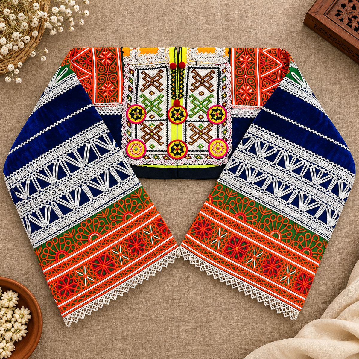 Royal Blue Traditional Geometric Embroidered Short Bolero Jacket with Multicolor Floral Work and White Lace Detailing