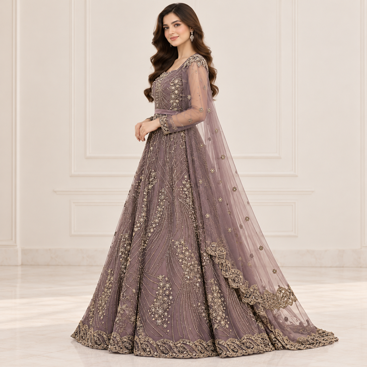 Luxury Mauve Gold Embroidered Bridal Maxi Dress with Net Dupatta