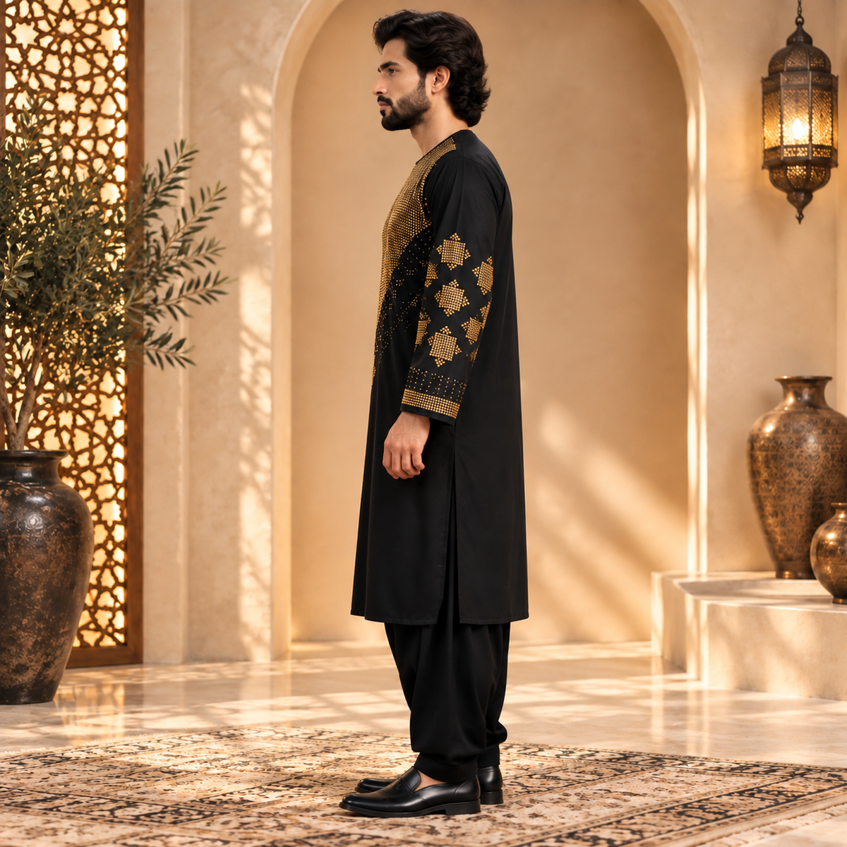 Afghan Traditional Black Embroidered Kurta Shalwar – Royal Gold Heritage Wear