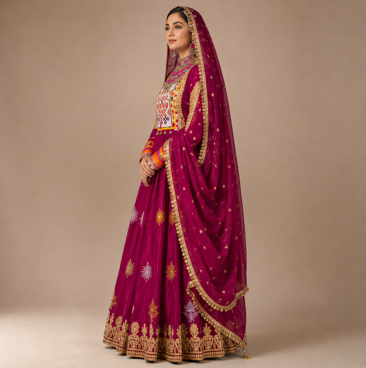 Magenta Embroidered Afghan Maxi Dress