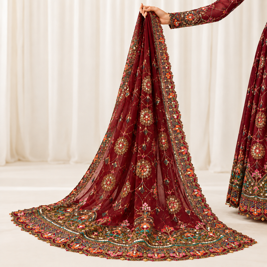 Royal Maroon Multicolor Embroidered Bridal Dupatta