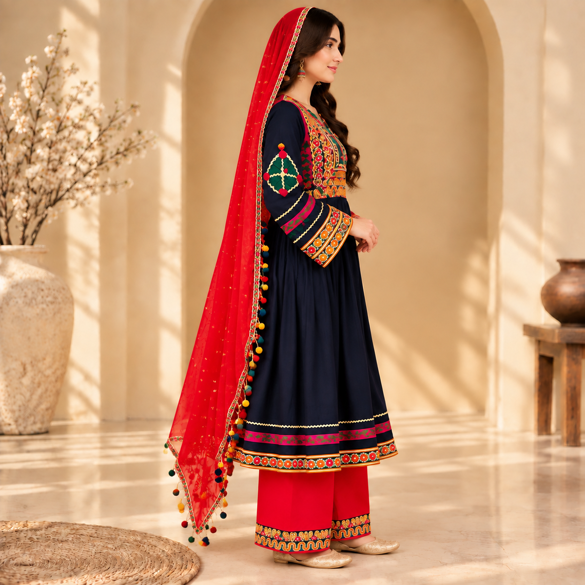 Afghan Traditional Embroidered Dress – Royal Navy Blue Heritage Suit