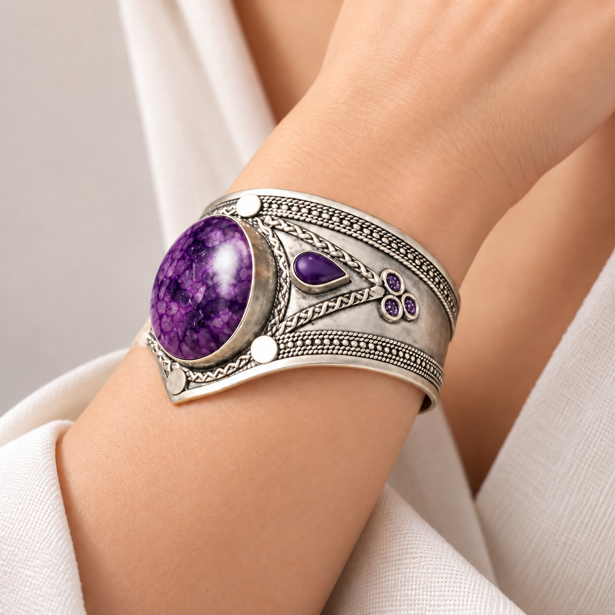 Antique Silver Purple Agate Statement Cuff Bracelet