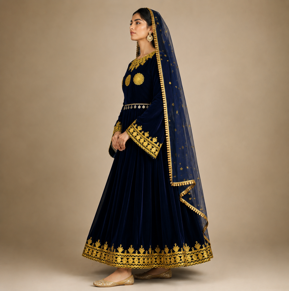 Navy Blue Velvet Afghan Maxi Dress