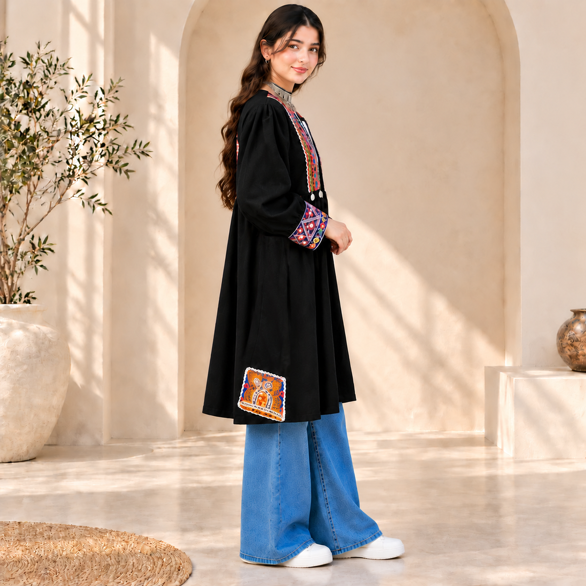 Afghan Heritage Black Embroidered Coat