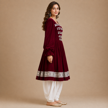 Maroon Velvet Afghan Dress