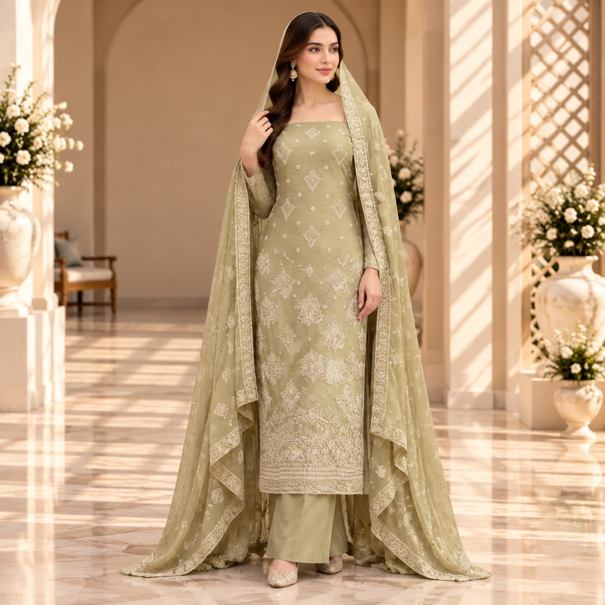 Ivory Serenity – Luxury Sage Green Pakistani Embroidered Suit
