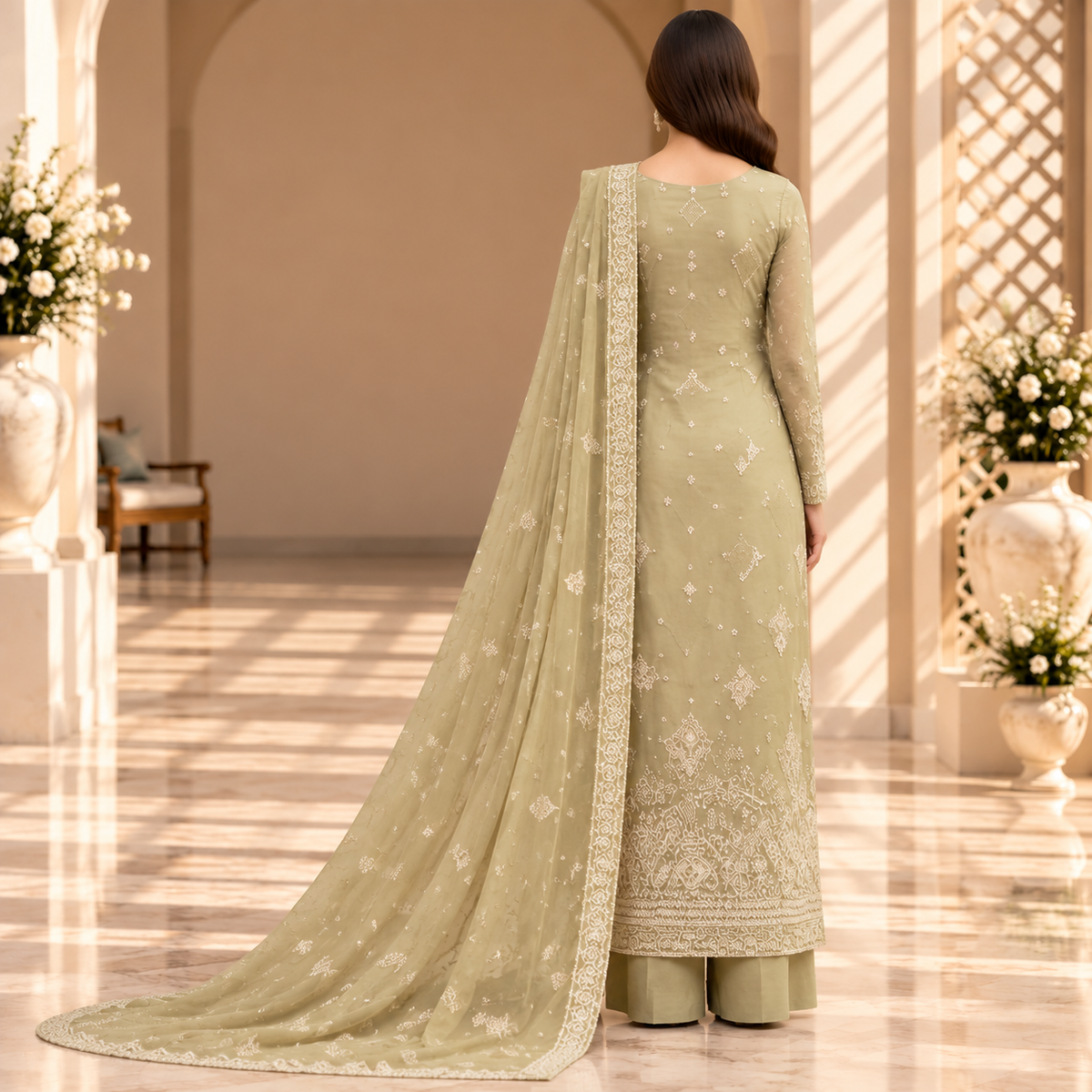 Ivory Serenity – Luxury Sage Green Pakistani Embroidered Suit