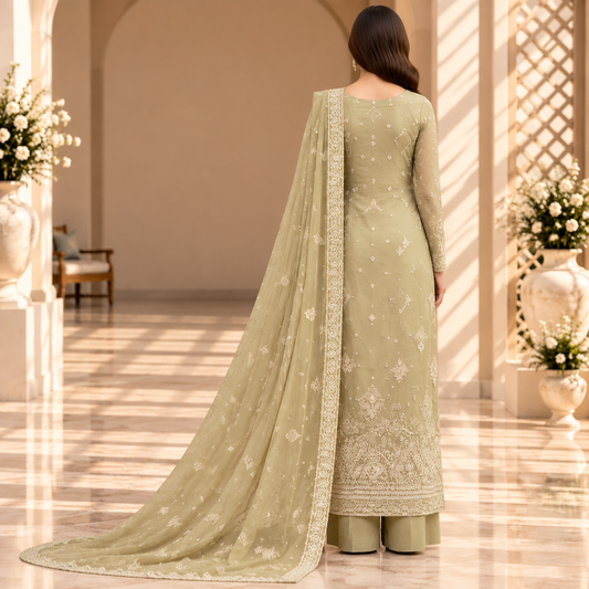 Ivory Serenity – Luxury Sage Green Pakistani Embroidered Suit