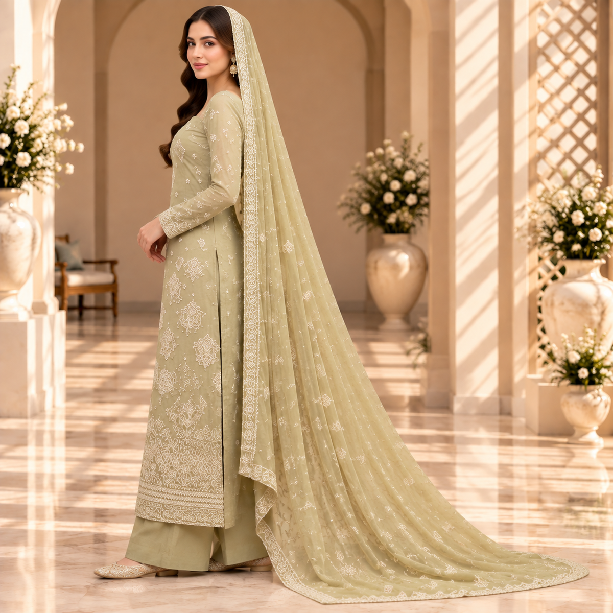 Ivory Serenity – Luxury Sage Green Pakistani Embroidered Suit