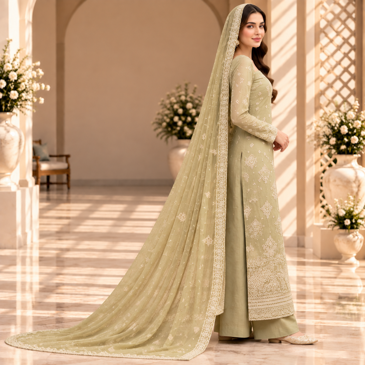 Ivory Serenity – Luxury Sage Green Pakistani Embroidered Suit