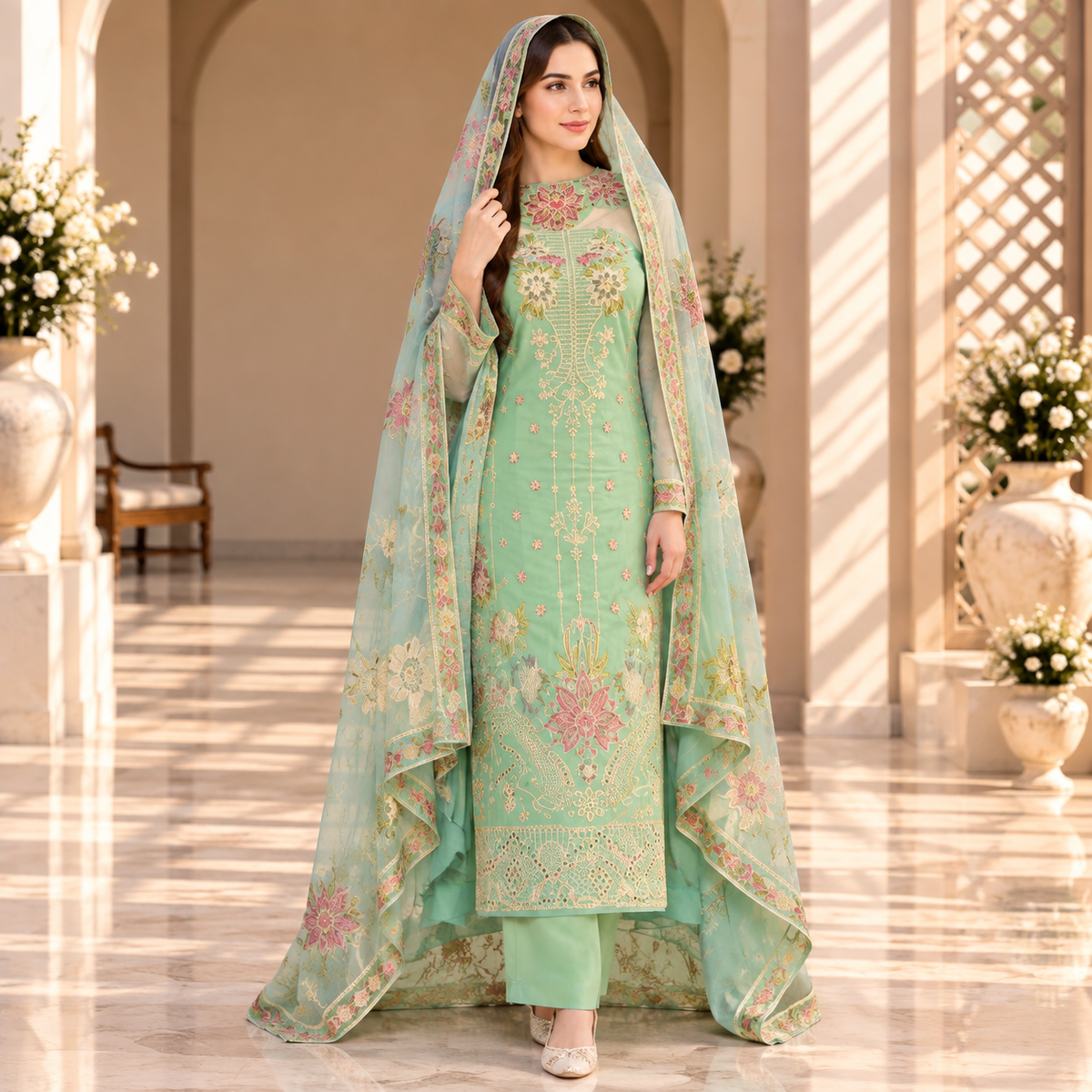 Mint Blossom – Luxury Pastel Green Pakistani Embroidered Suit