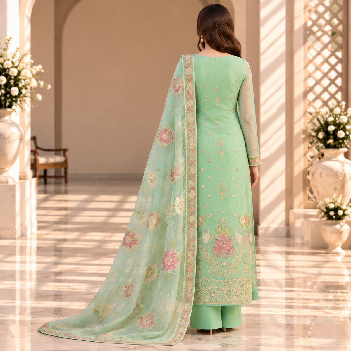 Mint Blossom – Luxury Pastel Green Pakistani Embroidered Suit