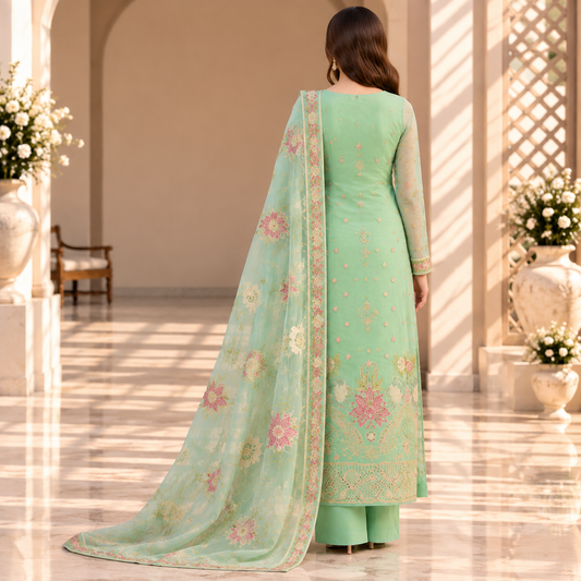 Mint Blossom – Luxury Pastel Green Pakistani Embroidered Suit