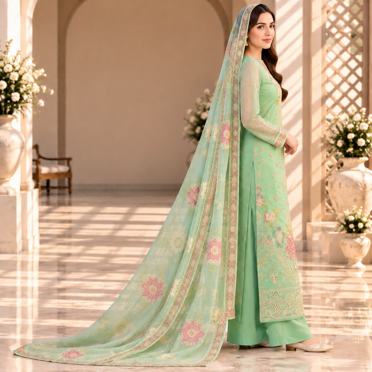 Mint Blossom – Luxury Pastel Green Pakistani Embroidered Suit