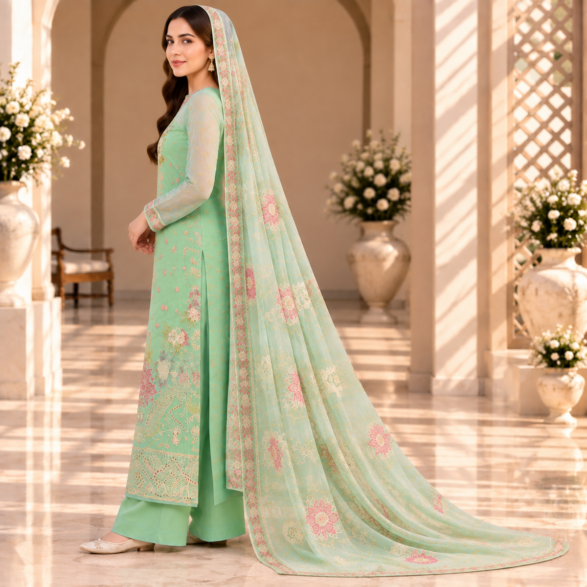 Mint Blossom – Luxury Pastel Green Pakistani Embroidered Suit