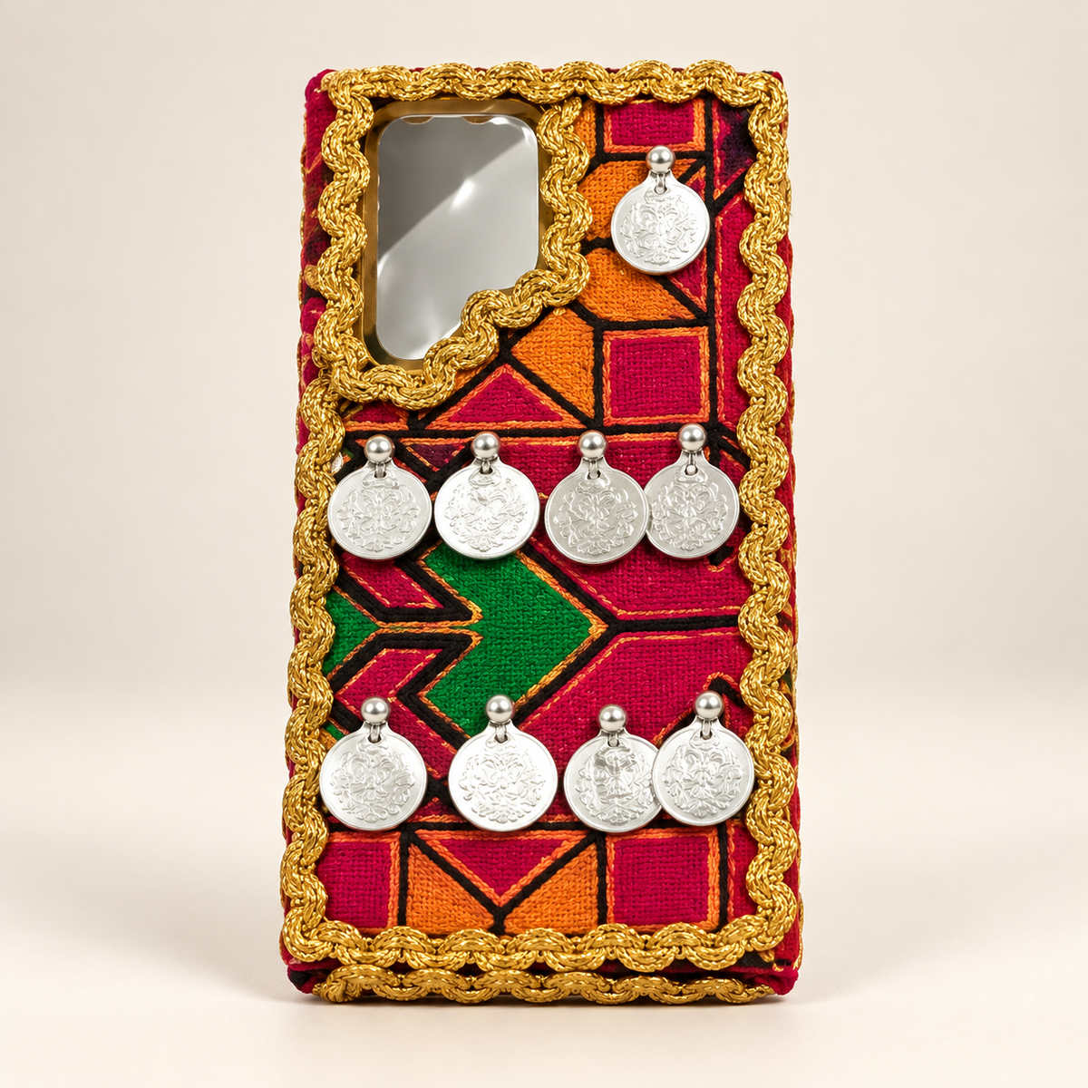Heritage Geometric Handmade Embroidered Mobile Cover with Gold Trim & Silver Coin Charms – Red
