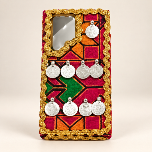 Heritage Geometric Handmade Embroidered Mobile Cover with Gold Trim & Silver Coin Charms – Red