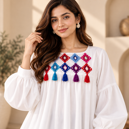 Embroidered Tassel Tunic Top – White