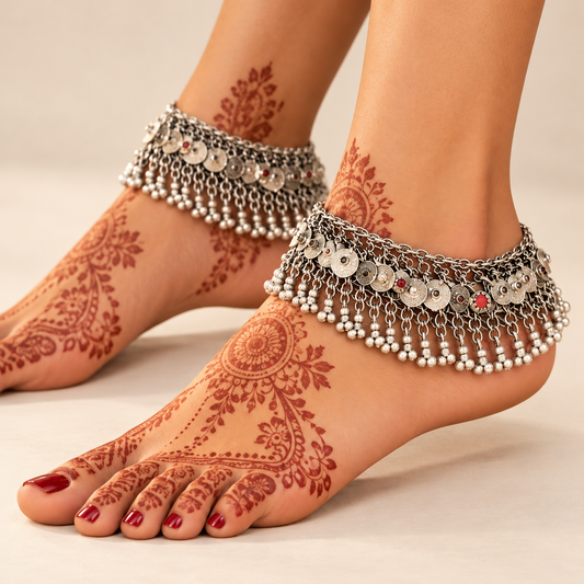 Antique Silver Coin Charm Bridal Anklet Pair