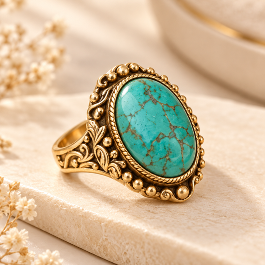 Luxury Turquoise Blue Antique Gold Vintage Statement Ring