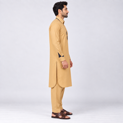 Classic Tan Shalwar Kameez with Patterned Trim