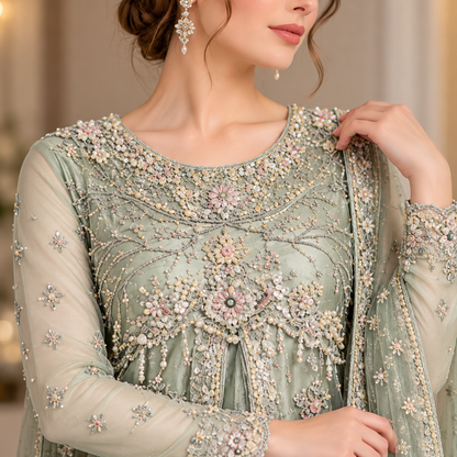Sage Green Luxury Embroidered Bridal Gown