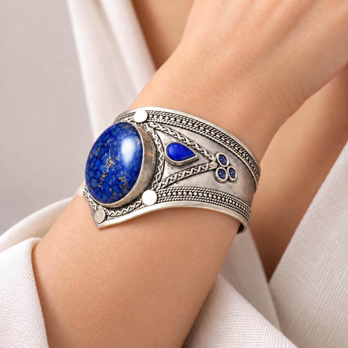 Antique Silver Royal Blue Stone Statement Cuff Bracelet