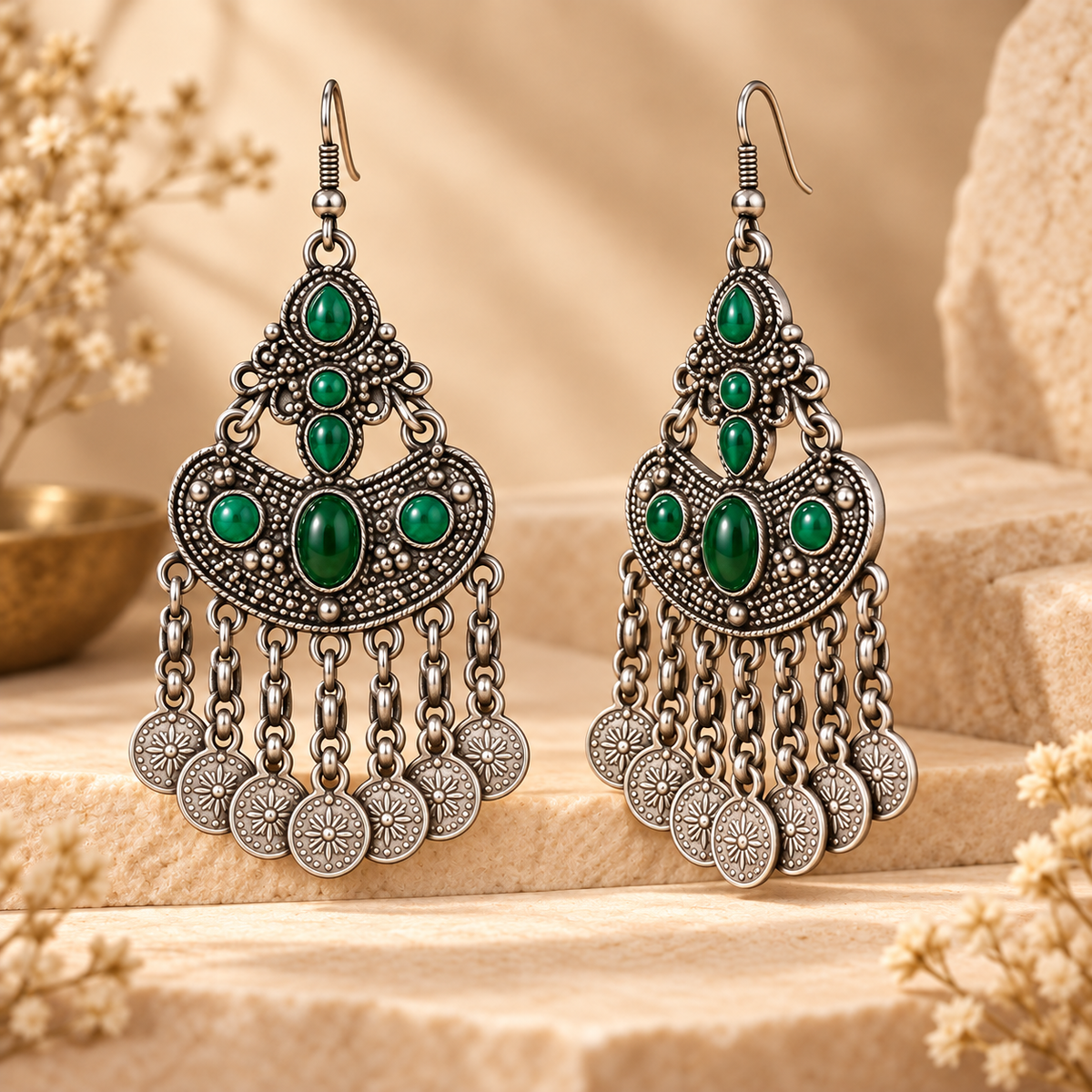 Antique Silver Emerald Green Stone Chandbali Earrings with Coin Danglers