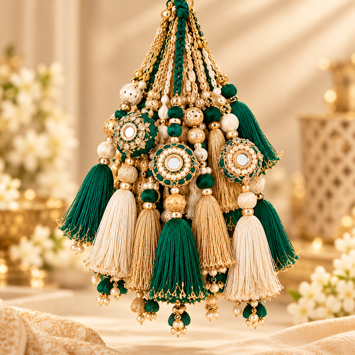 Luxury Emerald Green Handmade Tassels with Mirror Work, Golden Beads & Ivory Thread Fringe