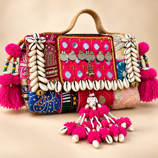 Boho Pink Handmade Patchwork Handbag with Cowrie Shells, Mirror Work & Tassels