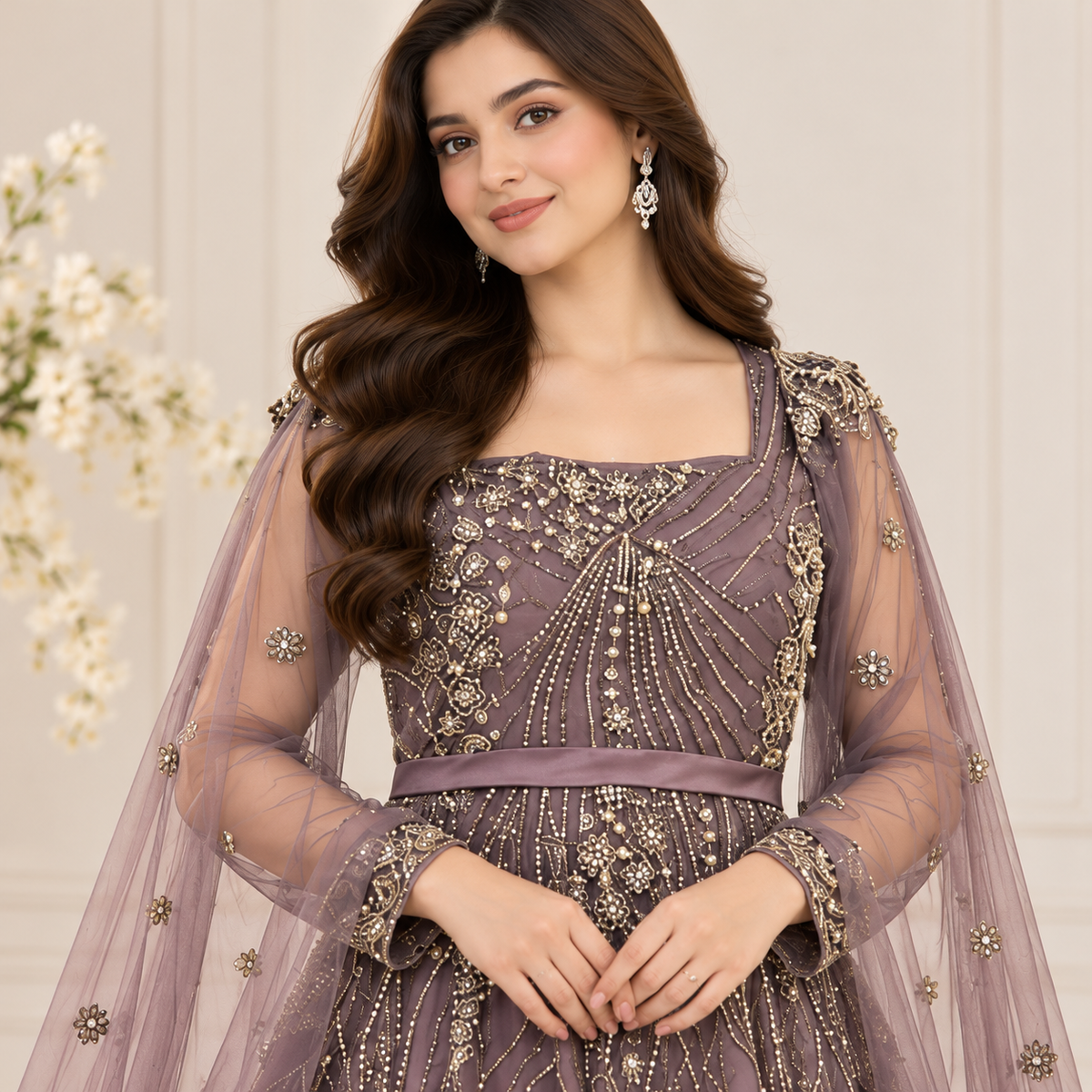 Luxury Mauve Gold Embroidered Bridal Maxi Dress with Net Dupatta
