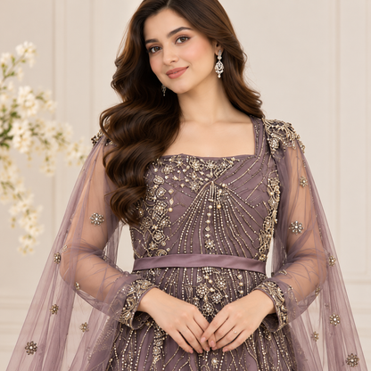 Luxury Mauve Gold Embroidered Bridal Maxi Dress with Net Dupatta