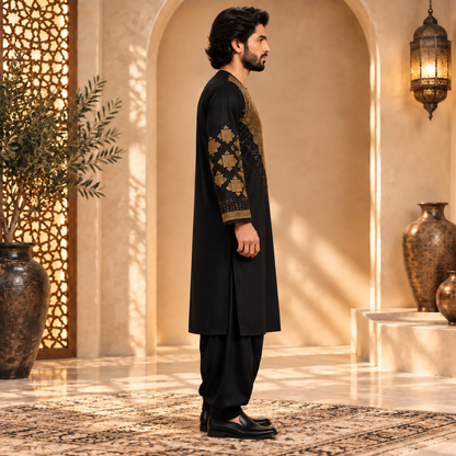 Afghan Traditional Black Embroidered Kurta Shalwar – Royal Gold Heritage Wear