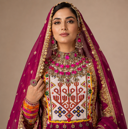 Magenta Embroidered Afghan Maxi Dress