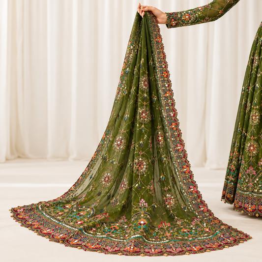 Olive Green Multicolor Embroidered Bridal Dupatta