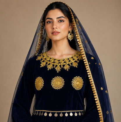 Navy Blue Velvet Afghan Maxi Dress