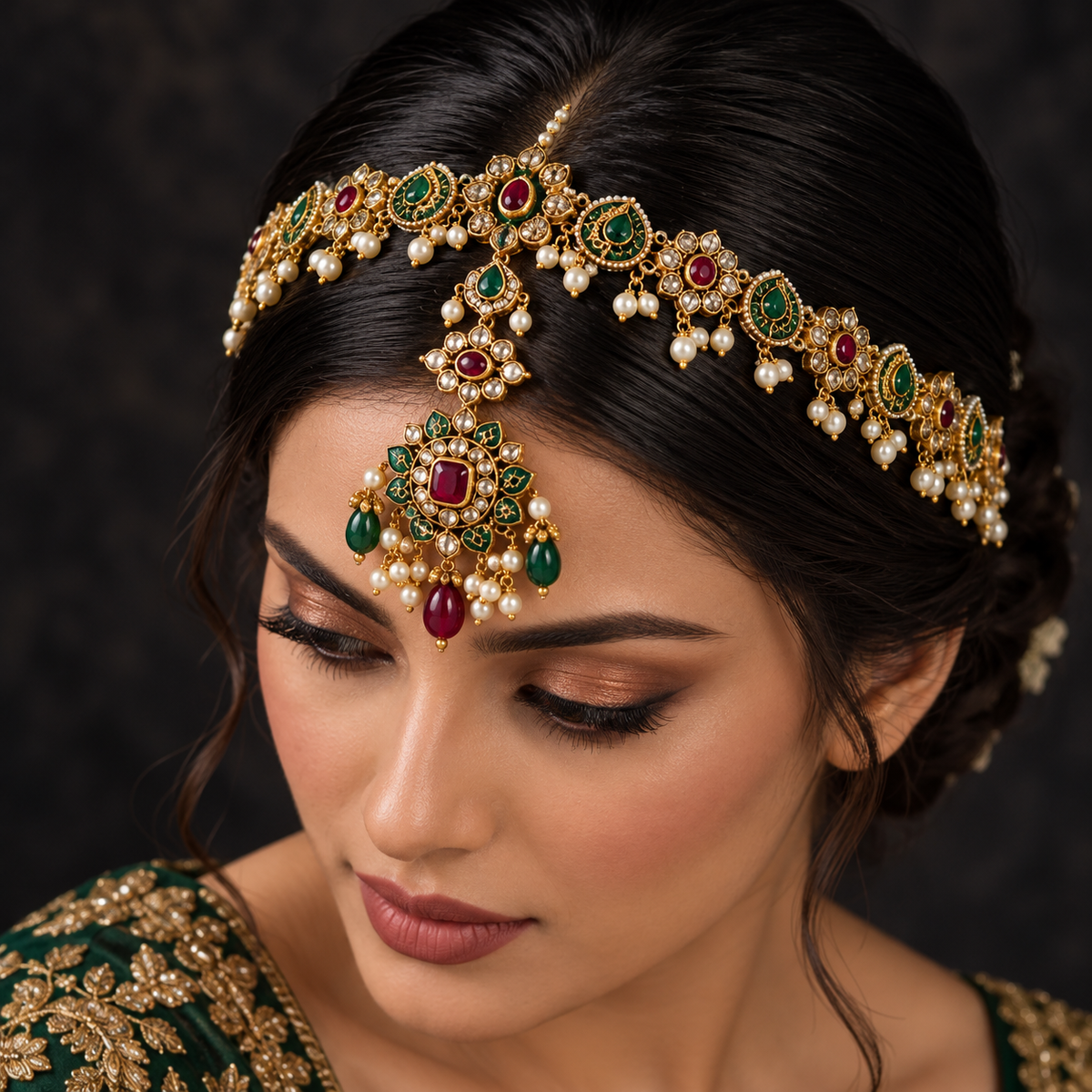 Luxury Emerald Green &amp; Ruby Red Gold Bridal Matha Patti Jewelry Set