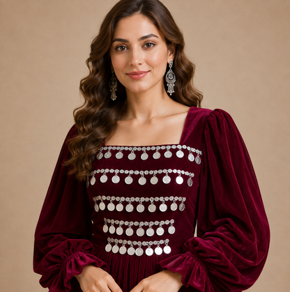 Maroon Velvet Afghan Dress