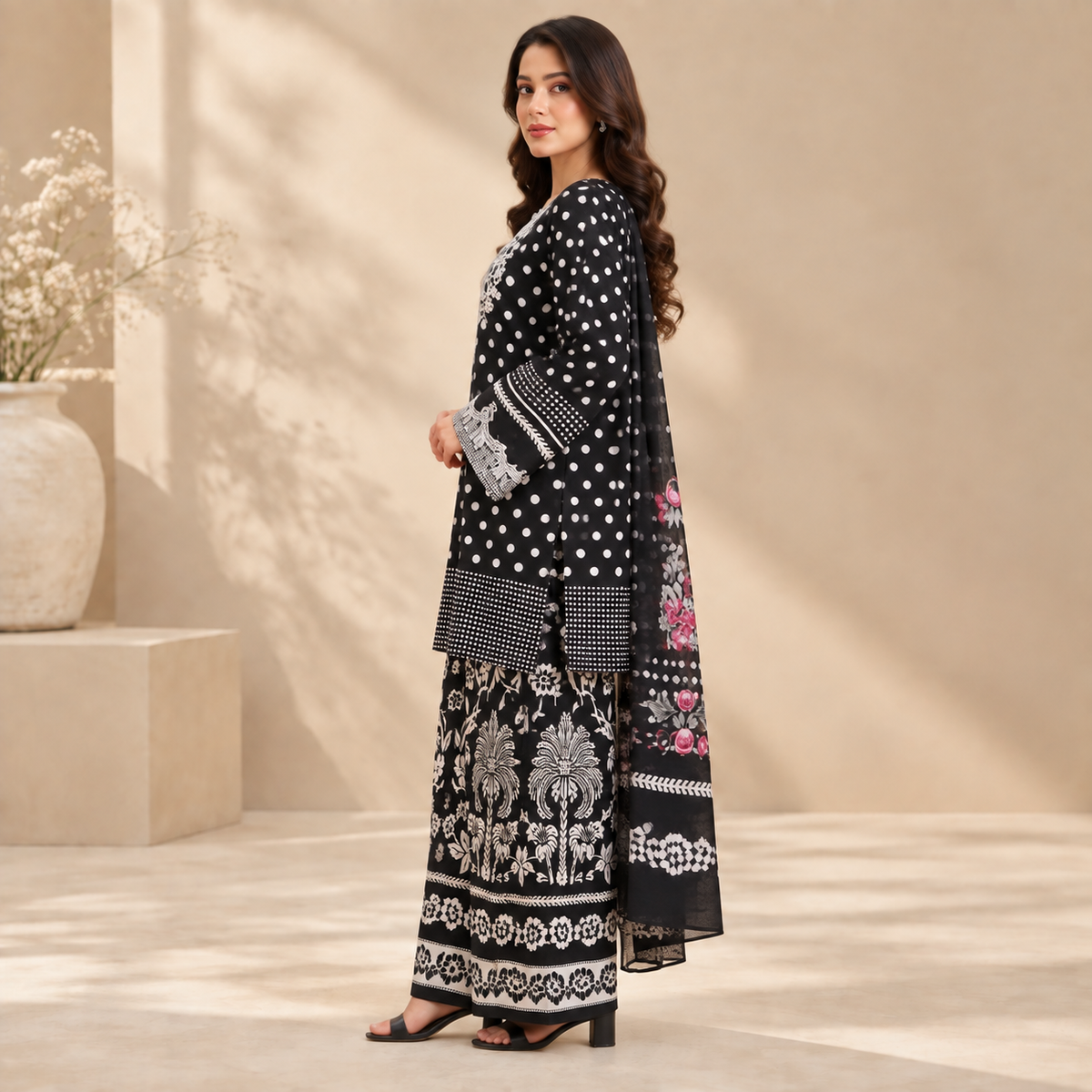 Noir Rose Polka Embroidered 3-Piece Suit