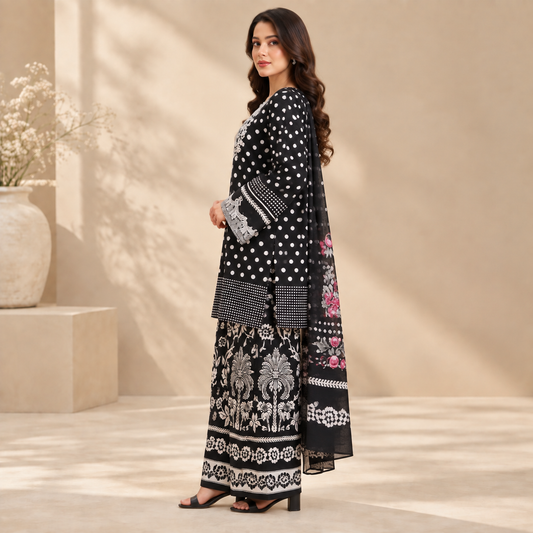 Noir Rose Polka Embroidered 3-Piece Suit