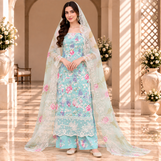 Aqua Bloom – Luxury Pastel Blue Floral Pakistani Embroidered Suit