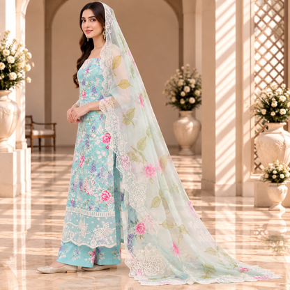 Aqua Bloom – Luxury Pastel Blue Floral Pakistani Embroidered Suit