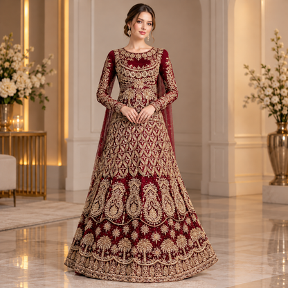 Royal Burgundy &amp; Gold Embroidered Bridal Lehenga Gown