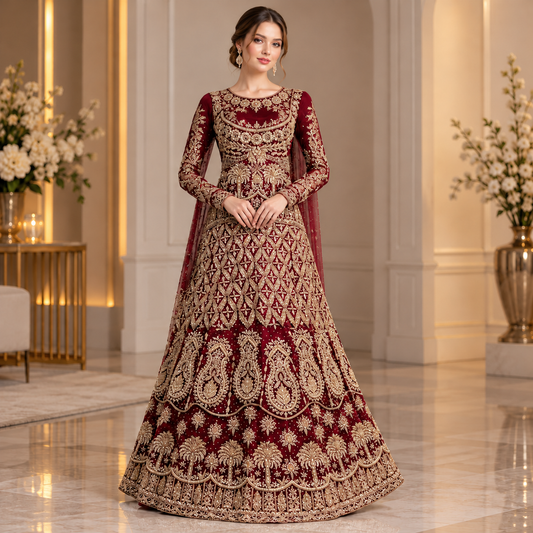 Royal Burgundy &amp; Gold Embroidered Bridal Lehenga Gown