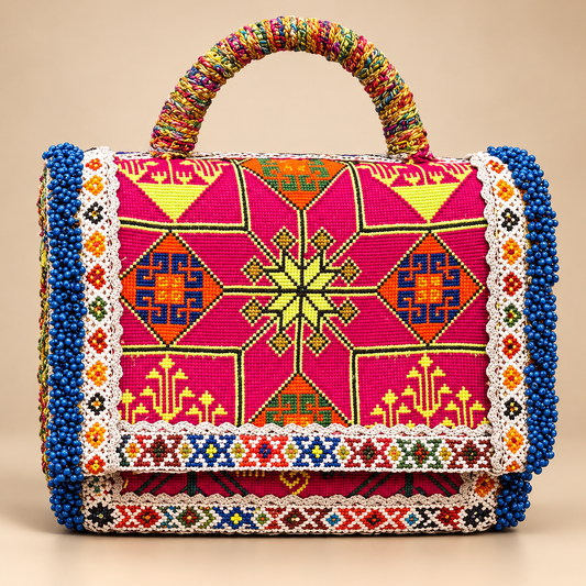Vibrant Pink Handmade Embroidered Handbag with Blue Beaded Trim & Geometric Design