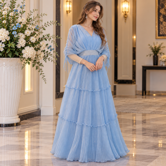 Sky Blue Elegant Pleated Maxi Dress
