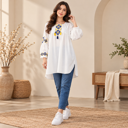 Women's White Boho Blue & Yellow Embroidered Tassel Tunic Top