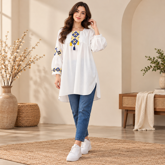 Women's White Boho Blue & Yellow Embroidered Tassel Tunic Top