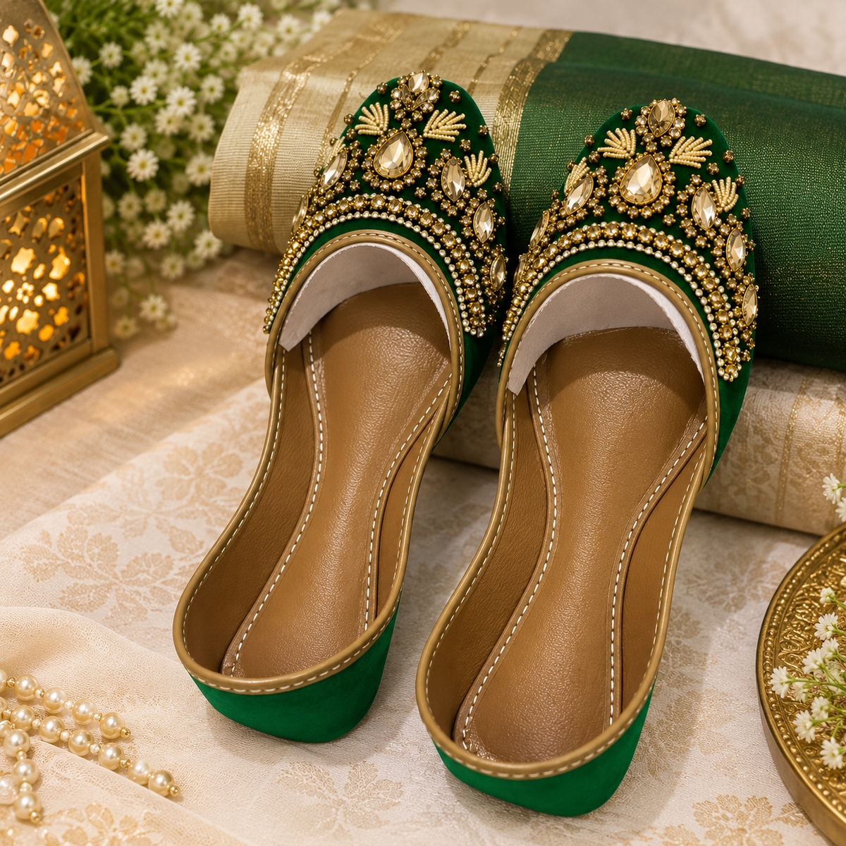 Emerald Green Luxury Stone Embellished Khussa Shoes